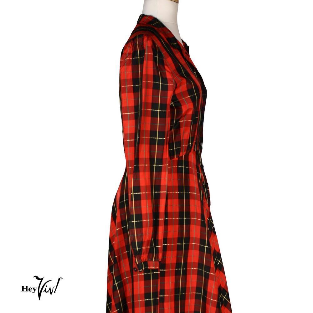 Vintage Red Plaid Shirt Dress Tartan Fit & Flare Long Sleeve B36 W28 - Hey Viv - Picture 3 of 9